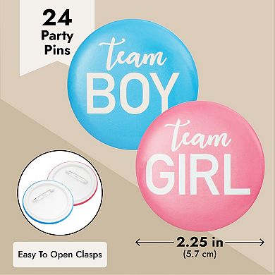 24 Pack Gender Reveal Pins, Blue And Pink Team Boy Team Girl Buttons, 2.25 In