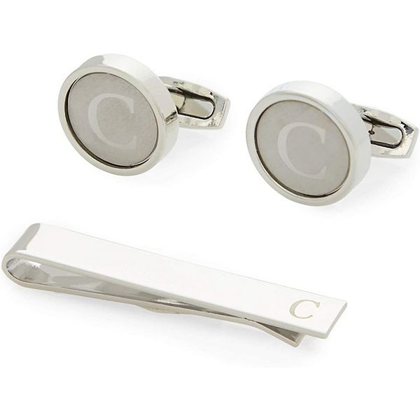 Men’s Initial Cufflinks And Tie Clip Set With Gift Box, Letter C (3 Pieces)