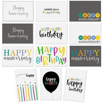 120 pc Assorted Birthday And Anniversary Cards With Envelopes, 12 Designs, 4x6"