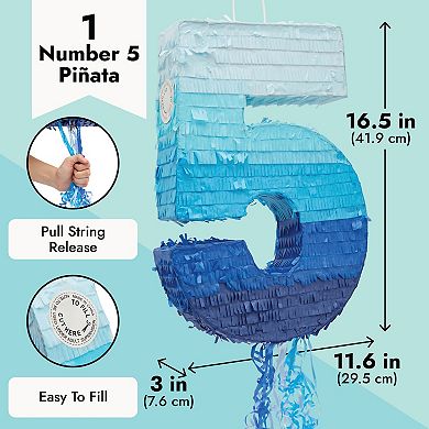 Number 5 Pull String Pinata For 5th Birthday Decorations, Blue, 16.5 X 11.6 In