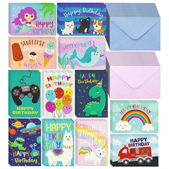 36 Pack Kids Birthday Cards Assortment With Colored Envelopes, 12 Designs, 4x6"