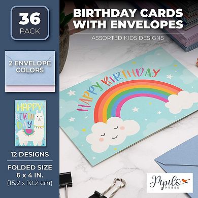 36 Pack Kids Birthday Cards Assortment With Colored Envelopes, 12 Designs, 4x6"