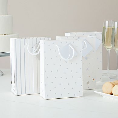 24 Pack Paper Gift Bags With Handles, 4 Silver Foil Designs, 7.9 X 5.5 X 2.5 In