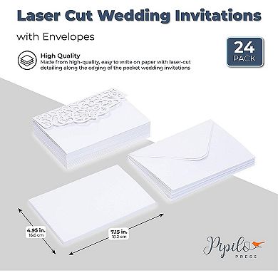 White Laser Cut Wedding Invitations With Envelopes (7.15 X 4.95 In, 24 Pack)