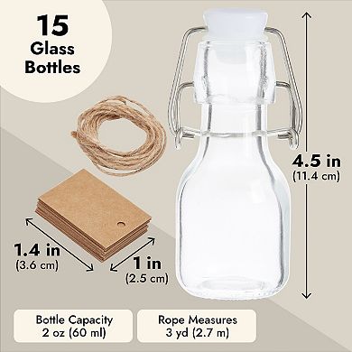 15 Pack Small Swing Top Glass Bottles With Lids, 2 Oz/ 60 Ml With Tags And Twine