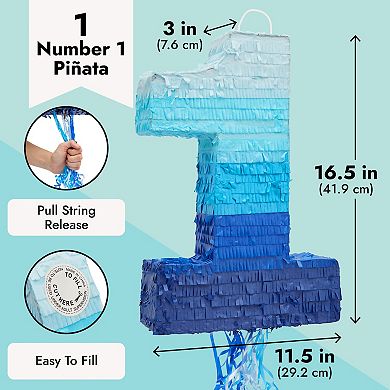 Number 1 Pull String Pinata, Blue 1st Birthday Decorations For Boys, 16.5x11.5"