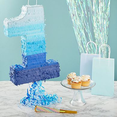 Number 1 Pull String Pinata, Blue 1st Birthday Decorations For Boys, 16.5x11.5"