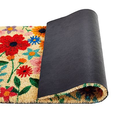 Natural Coco Coir Door Mat, Spring Wildflowers, Spring Decor, 17 X 30 Inches