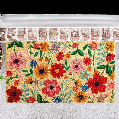 Natural Coco Coir Door Mat, Spring Wildflowers, Spring Decor, 17 X 30 Inches