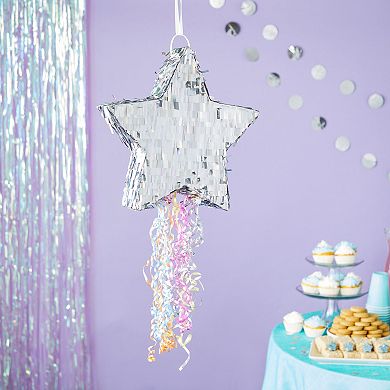 Pull String Star Pinata For Gender Reveal Decorations, Silver, 13x13x3 In