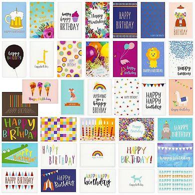 144 Pack Happy Birthday Cards In 36 Designs, Blank Inside With Envelopes, 4x6 In