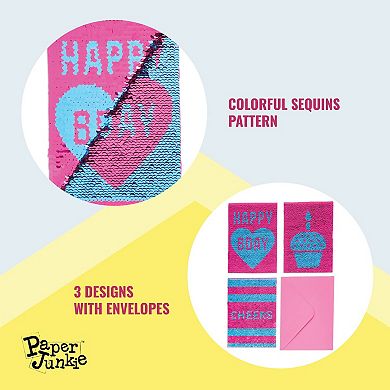Sequins Happy Birthday Cards And Envelopes, Cupcake Designs (set Of 3)