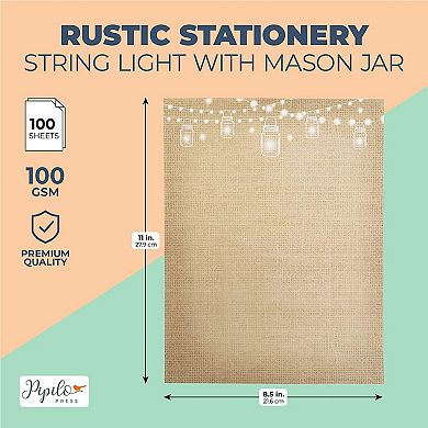 Mason Jar And String Light Rustic Stationery Set (letter Size, 100 Sheets)