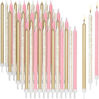 48 Metallic Glitter Long Thin Birthday Cake Candles With Holder For Women Girls