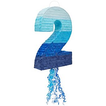 Number 2 Pull String Pinata, Blue 2nd Birthday Decorations For Boys, 16.5x11.5"