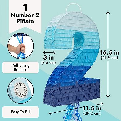 Number 2 Pull String Pinata, Blue 2nd Birthday Decorations For Boys, 16.5x11.5"