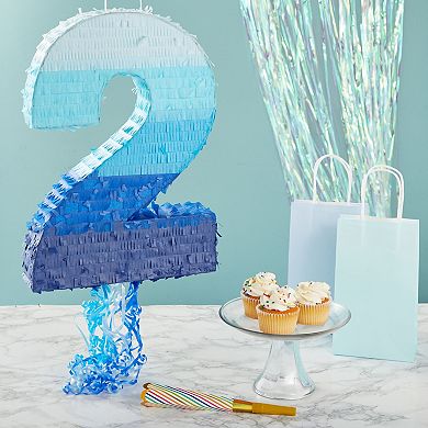 Number 2 Pull String Pinata, Blue 2nd Birthday Decorations For Boys, 16.5x11.5"