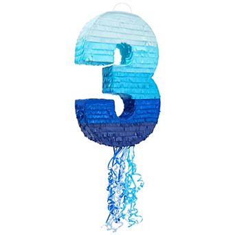 Number 3 Pull String Pinata for 3rd Birthday Decorations, Blue, 16.5"x3"x11.5"