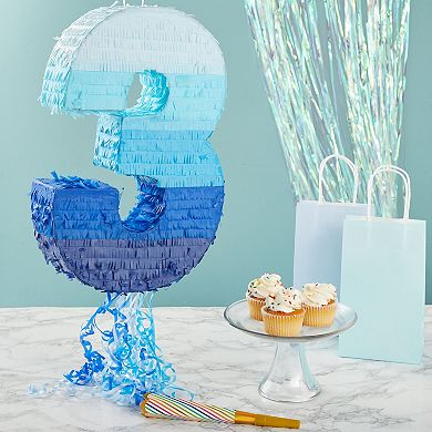 Number 3 Pull String Pinata for 3rd Birthday Decorations, Blue, 16.5"x3"x11.5"