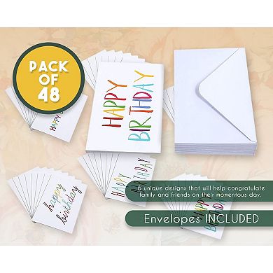 48 Pack Blank Birthday Cards With Envelopes For Kids, Adults, 6 Designs, 4 X 6"