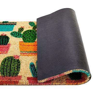 Juvale Natural Coco Coir Door Mat With Cactus Design For Outside, 17 X 30 Inch