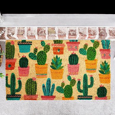 Juvale Natural Coco Coir Door Mat With Cactus Design For Outside, 17 X 30 Inch