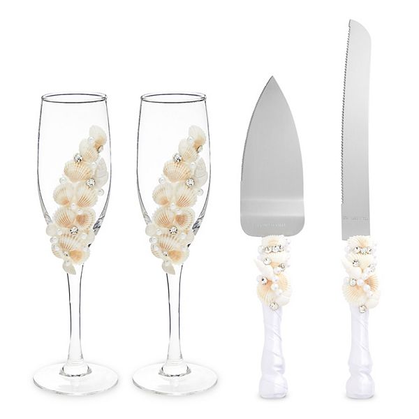 4 Piece Cake Knife And Server Set With Champagne Glasses For Beach Wedding