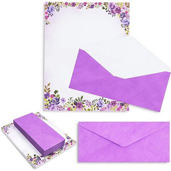 48-sheet Stationery Paper Letter Sized And 48-count #10 Envelopes, Floral Purple