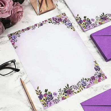 48-sheet Stationery Paper Letter Sized And 48-count #10 Envelopes, Floral Purple