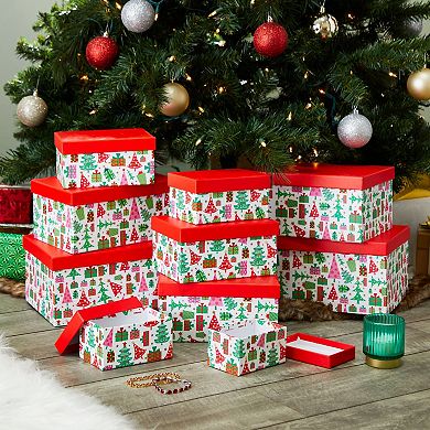 10 Pack Nesting Christmas Gift Boxes With Red Lids For Presents In 10 Sizes