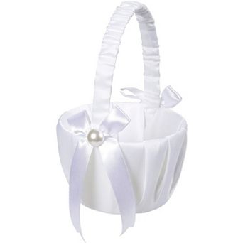 White Flower Girl Basket For Wedding, Satin Bowknot With Pearl, 8 X 5.2 X 6"