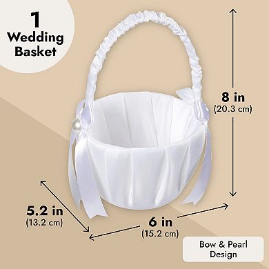 White Flower Girl Basket For Wedding, Satin Bowknot With Pearl, 8 X 5.2 X 6"