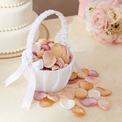 White Flower Girl Basket For Wedding, Satin Bowknot With Pearl, 8 X 5.2 X 6"