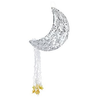 Silver Pull String Crescent Moon Pinata For Birthday, Gender Reveal, 17x11x3