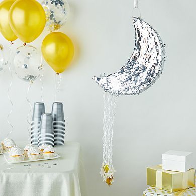 Silver Pull String Crescent Moon Pinata For Birthday, Gender Reveal, 17x11x3