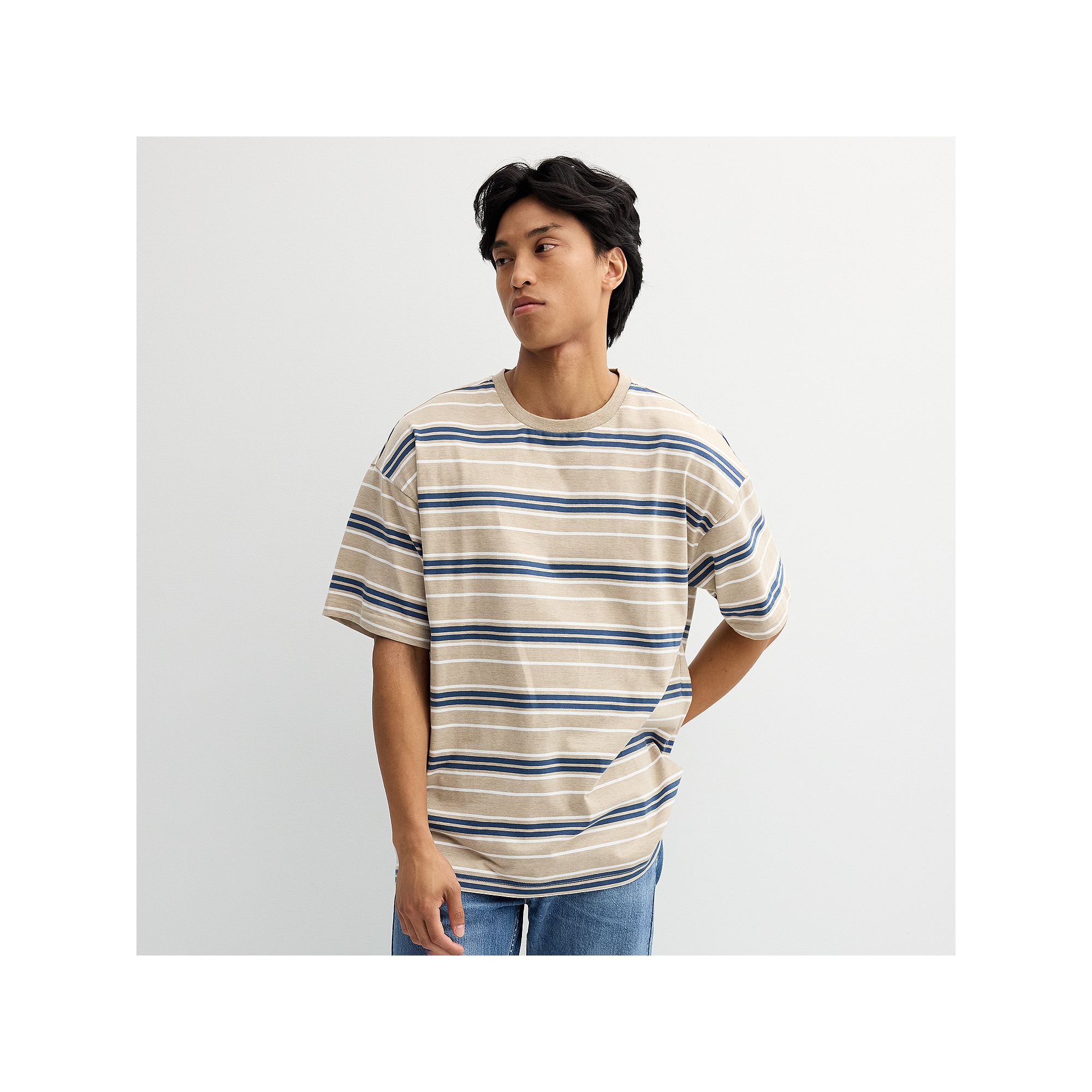 Mens Hollywood Short Sleeve Oversized Tee, Size: Medium, Khaki Grey Stripe