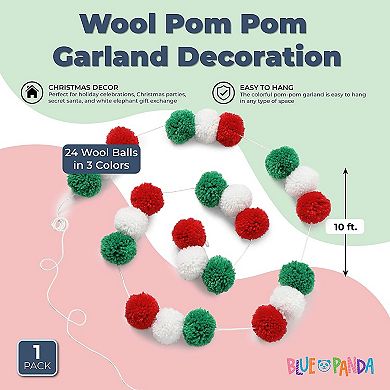 Christmas Pom Pom Garland, Red White And Green Xmas Tree Hanging Ornaments 10 Ft