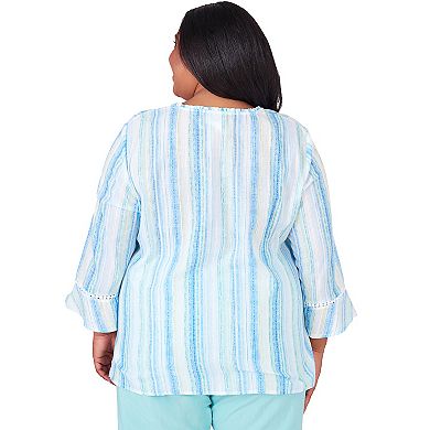 Plus Size Alfred Dunner Striped Bell Sleeve V-Neck Blouse Top