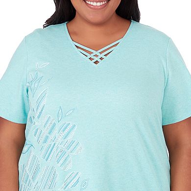 Plus Size Alfred Dunner Embroidered Flower Lace-Up V-Neck Top