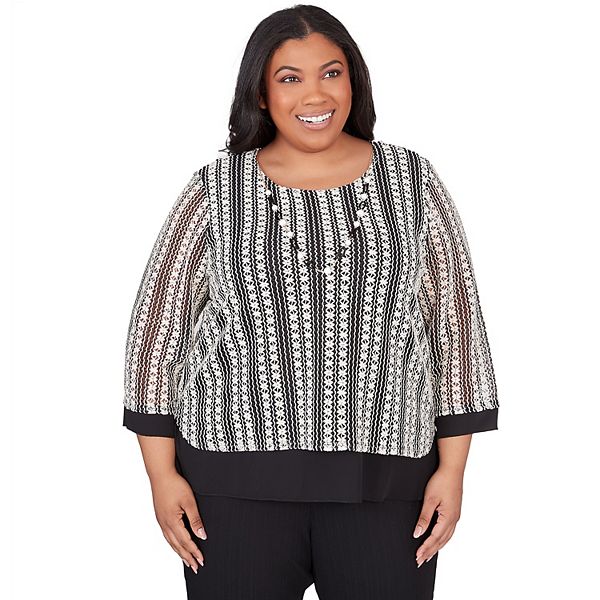 Plus Size Alfred Dunner Striped Texture Top with Necklace