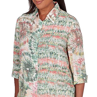 Petite Alfred Dunner Sunset Tie Dye Print Button Down Elbow Sleeve Blouse Top