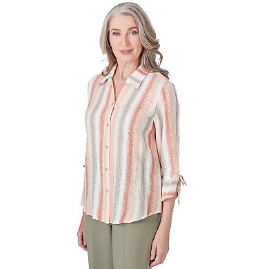 Petite Alfred Dunner Striped Crinkled Button Down 3/4-Sleeve Top