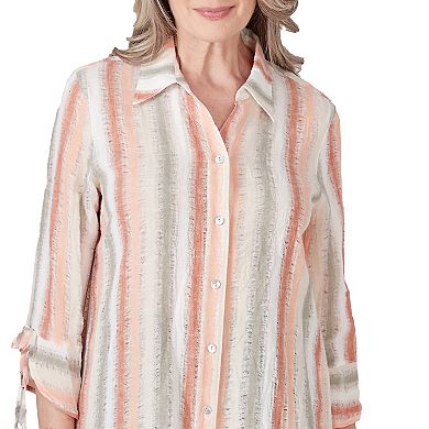 Petite Alfred Dunner Striped Crinkled Button Down 3/4-Sleeve Top