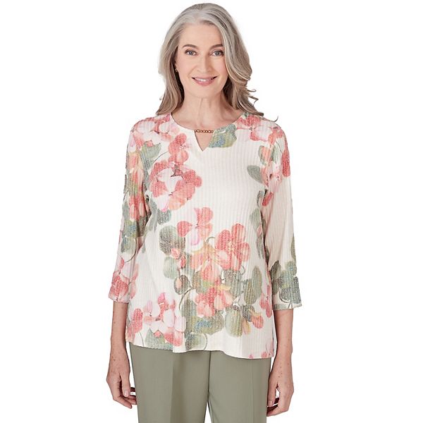 Petite Alfred Dunner Tuscan Sunset Floral Print Ribbed 3/4-Sleeve ...