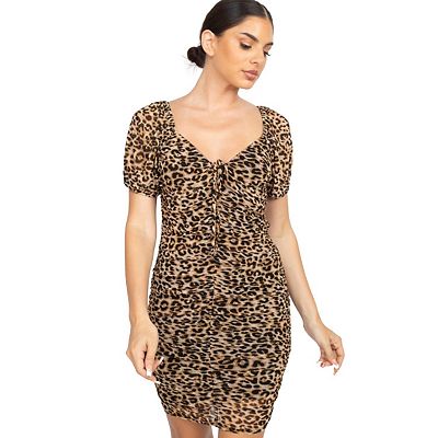 Ruched Leopard Print Bodycon Mini Dress