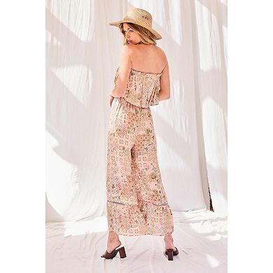 Tube Top With Tier Ruffle Waist Elastic Bottom Lace Trim Jumpsuit