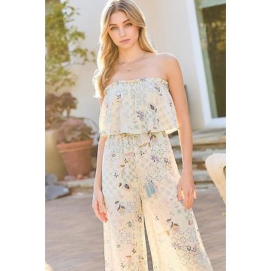 Tube Top With Tier Ruffle Waist Elastic Bottom Lace Trim Jumpsuit