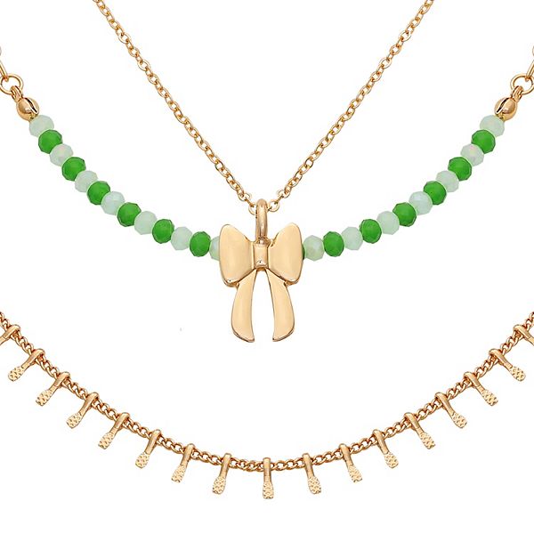 Berry Jewelry Gold Tone Green Beaded Bow Charm Layered Chain Necklace