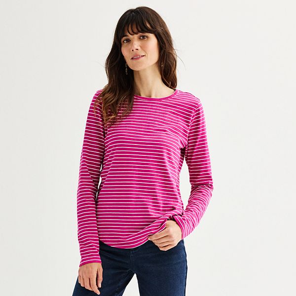 Women's Sonoma Goods For Life® Everyday Long Sleeve Crewneck Tee - Chipper Magenta Stripe (X LARGE)