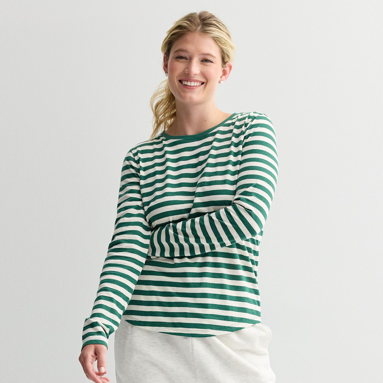Women's Sonoma Goods For Life® Everyday Long Sleeve Crewneck Tee - Cream Green Stripe (X SMALL)